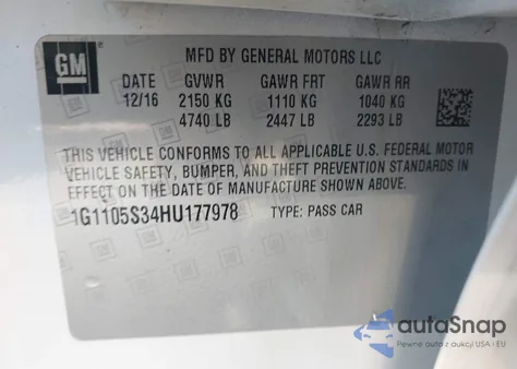 2017 Chevrolet Impala 1Lt from USA, damaged, VIN 1G1105S34HU177978
